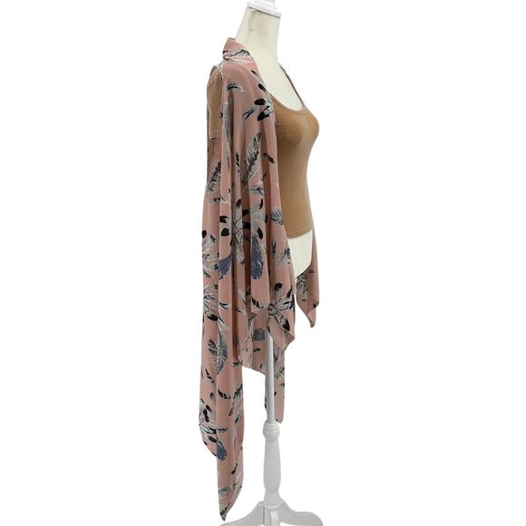 Janice Open Front Cardigan SZ OS Kimono Cover Up Chiffon Pink Floral Sleeveless - Picture 2 of 5